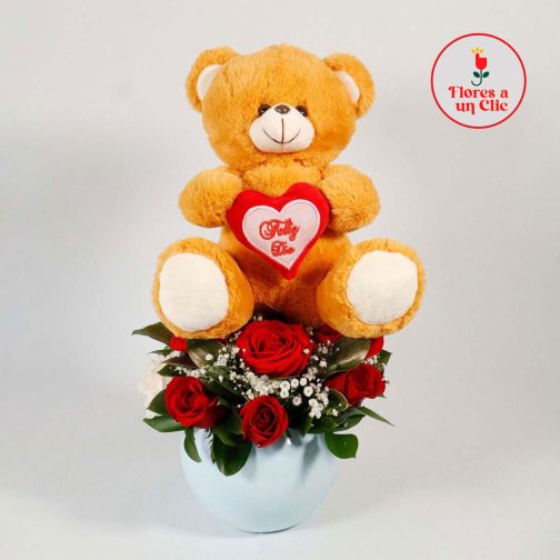Bombonera de rosas con oso